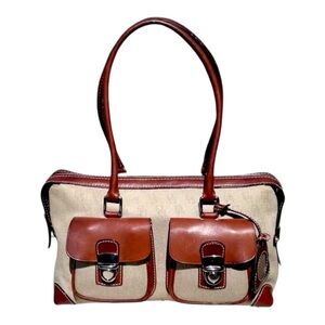Dooney & Bourke Signature Taupe Canvas Double Pockets Tote Satchel Shoulder Bag